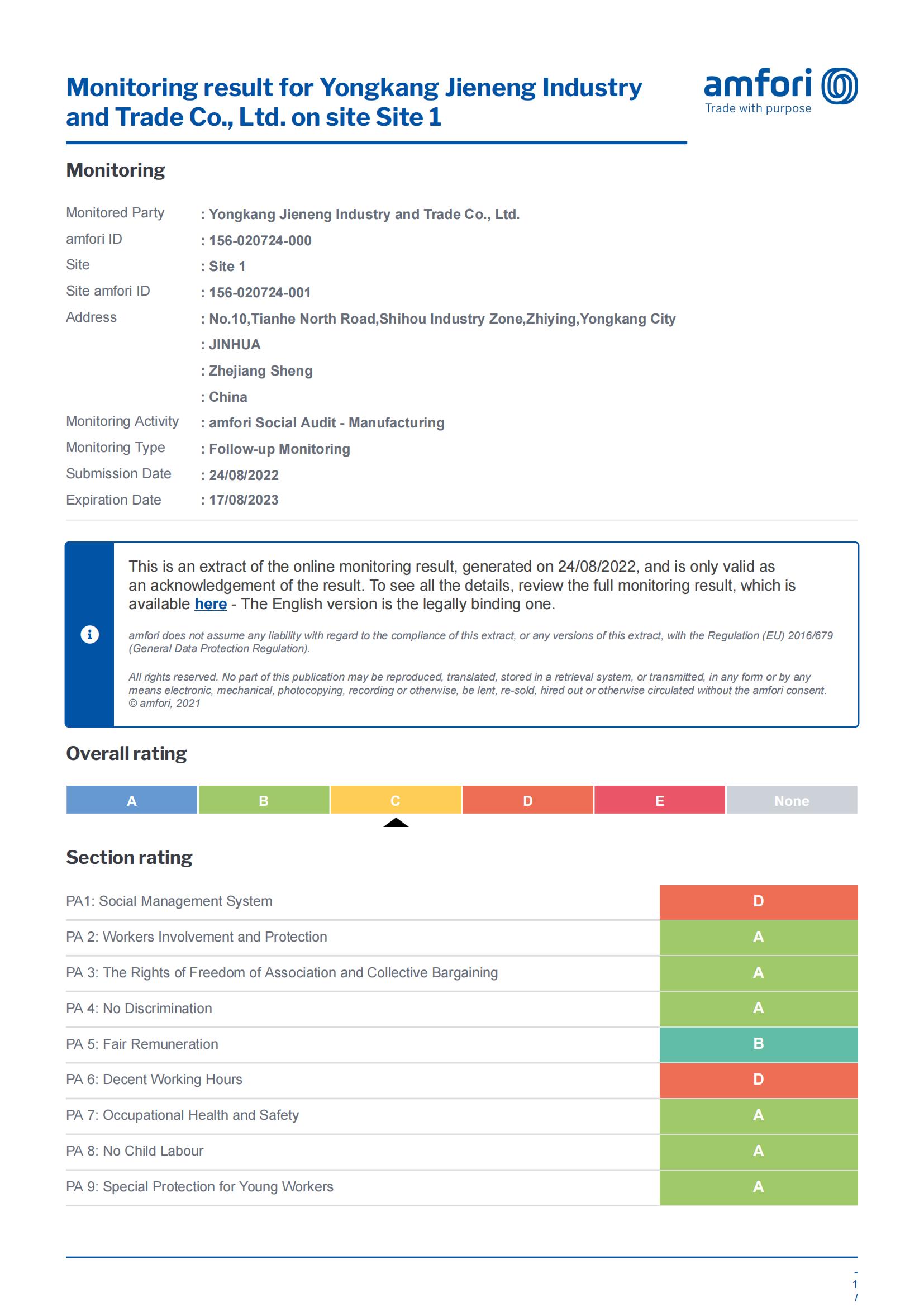Yongkang Jieneng Industry and Trade BSCI Official Report